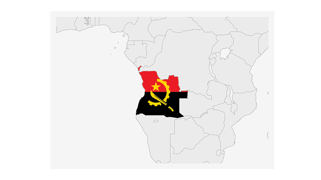 Karta där Angola är markerat med landets flagga.