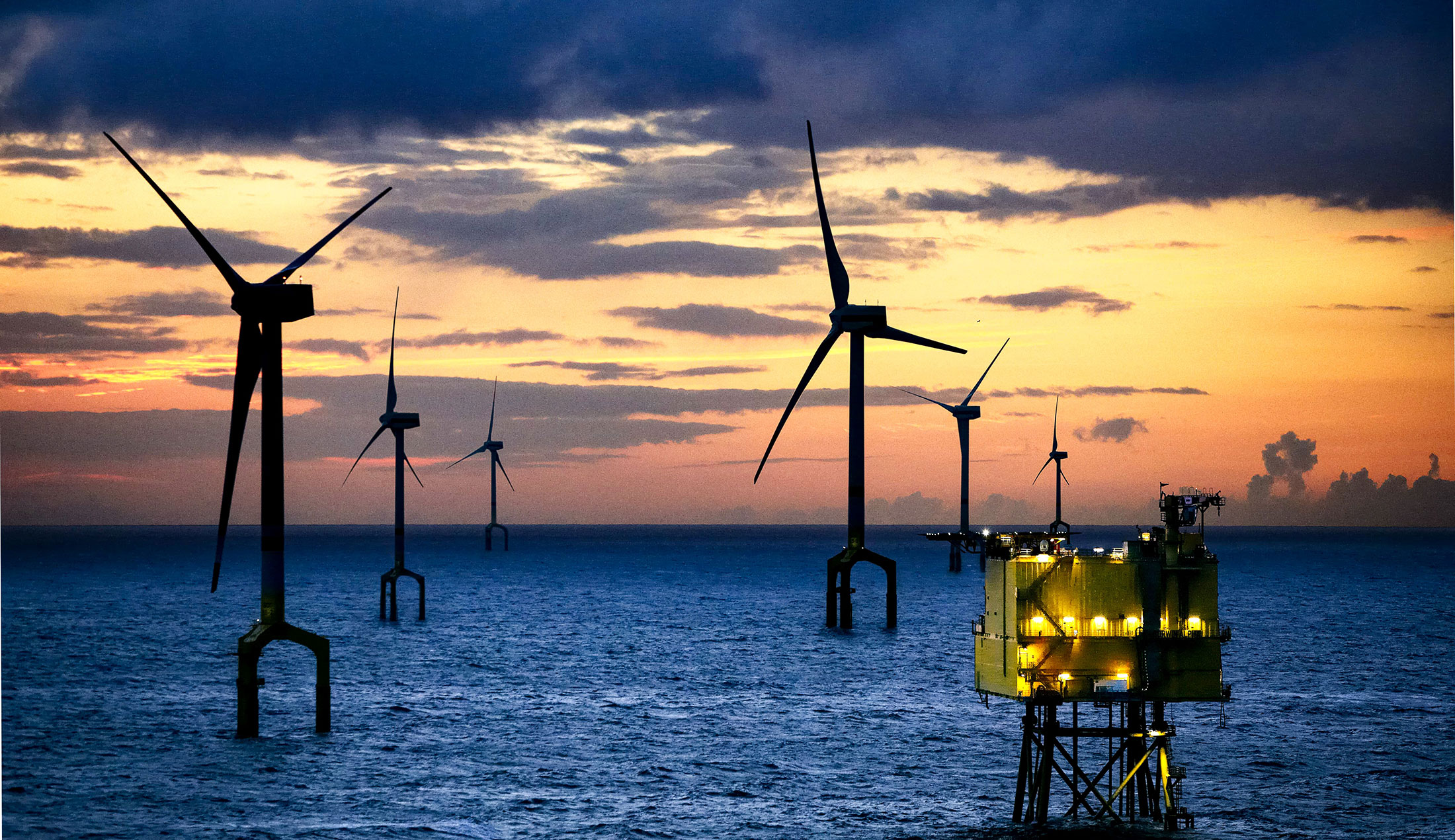 Offshore wind farm at dusk.