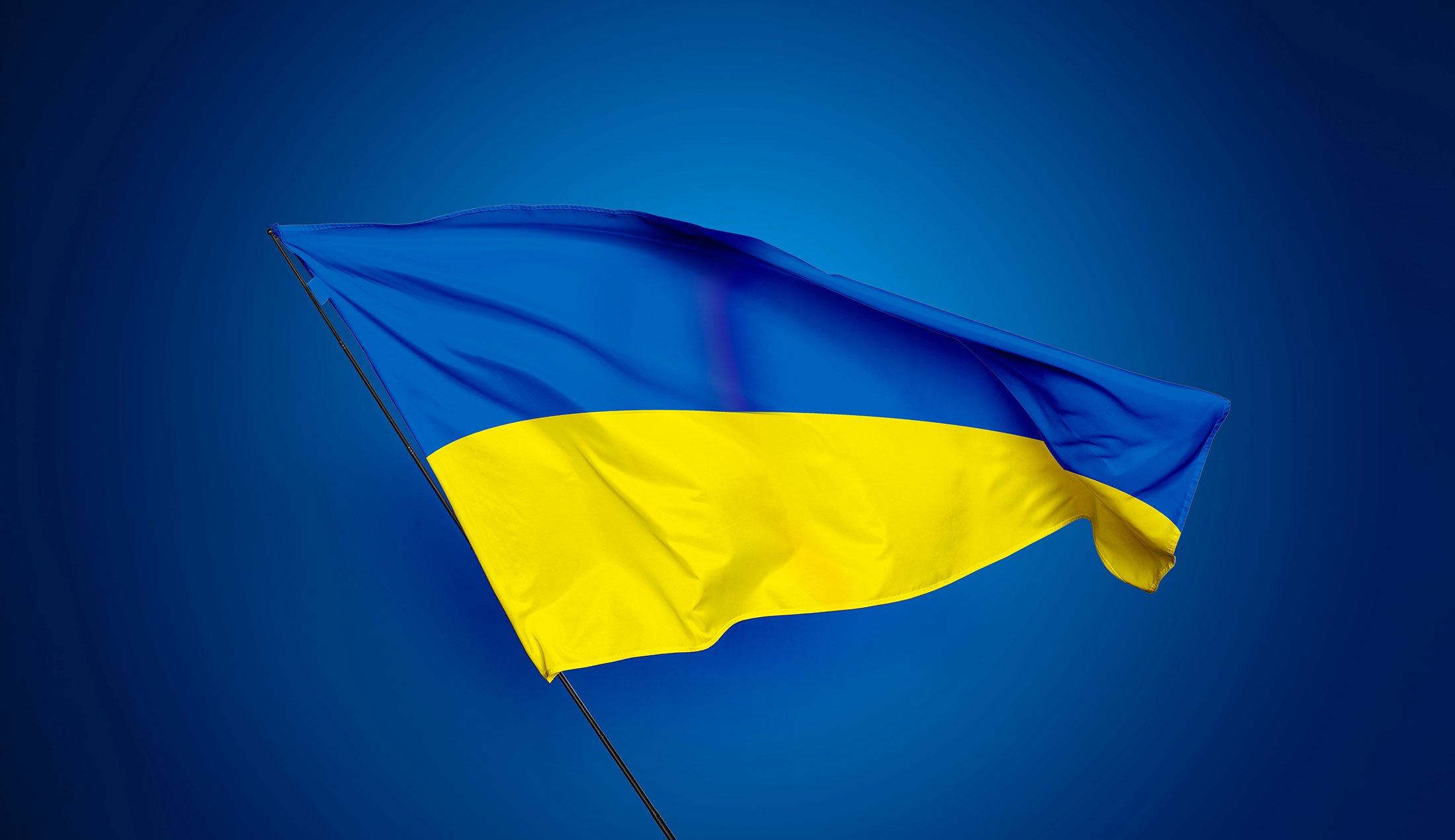 En Ukraina-flagga vajar mot skyn.