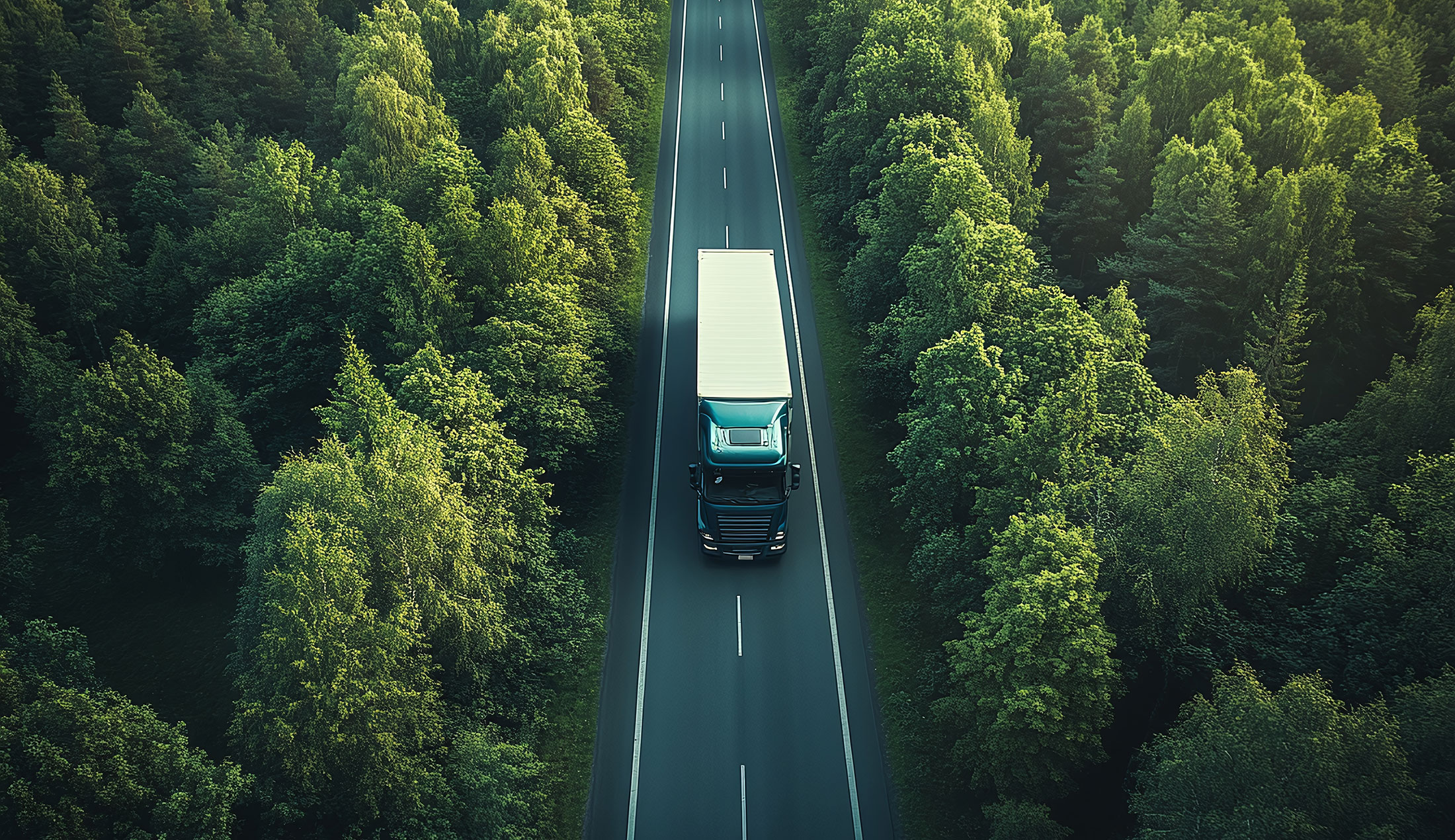 A lorry driving along a road flanked by forest on both sides. The image is AI-generated.