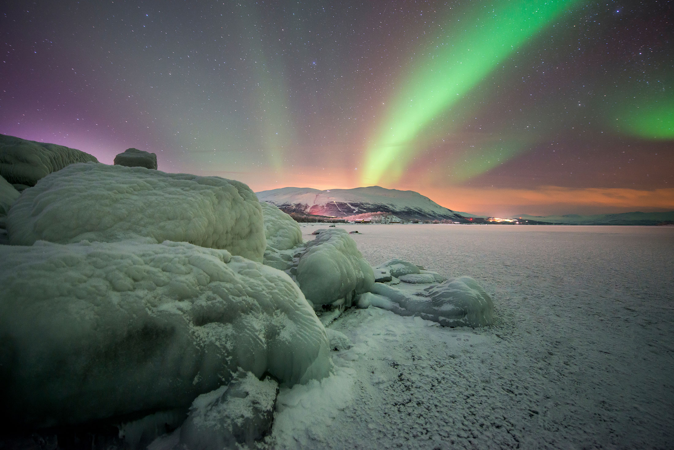 Northern lights in a winter landscape.