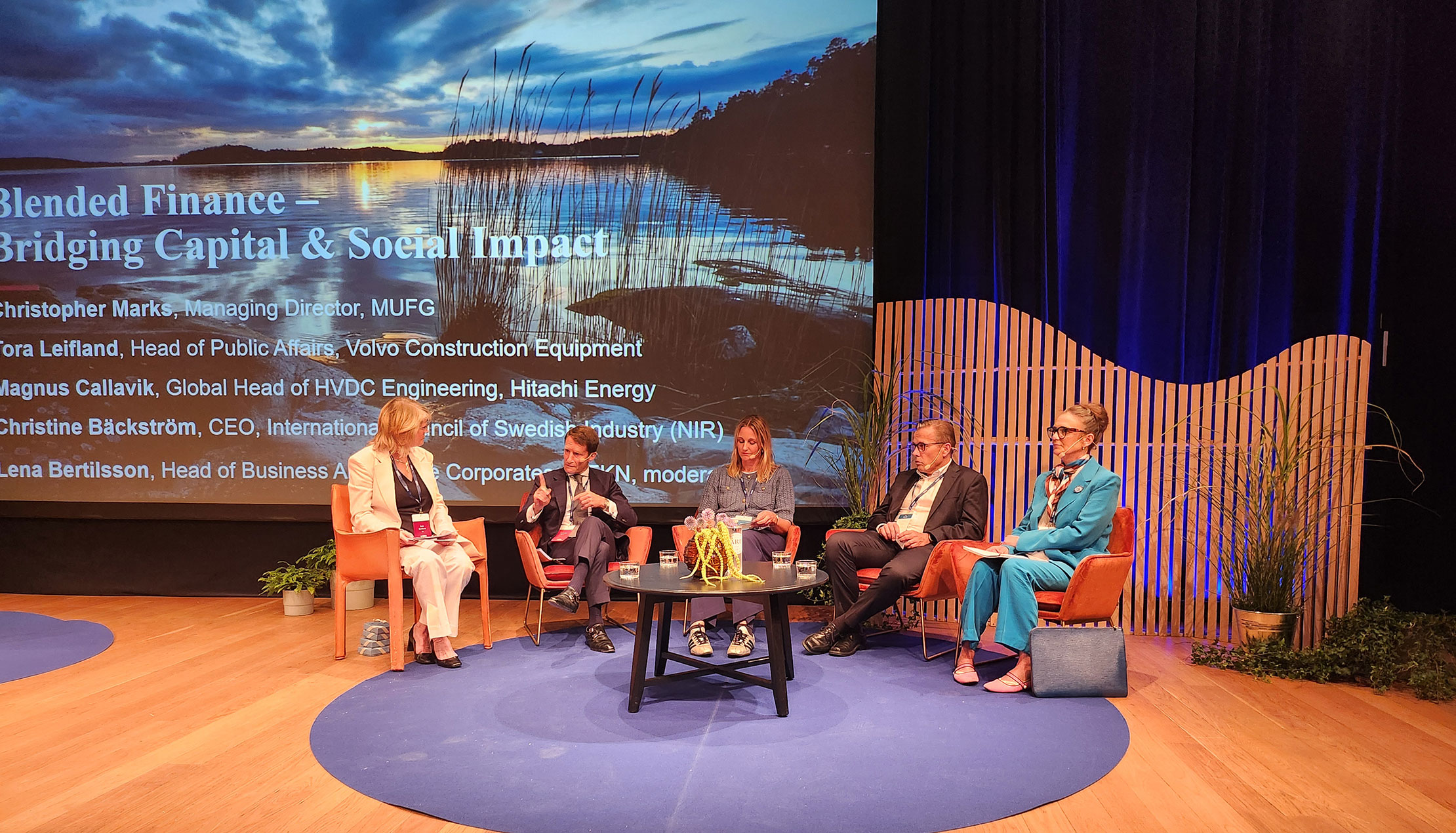 The panel discussion at the stage, from left to right: Lena, Christopher, Tora, Magnus and Christine.